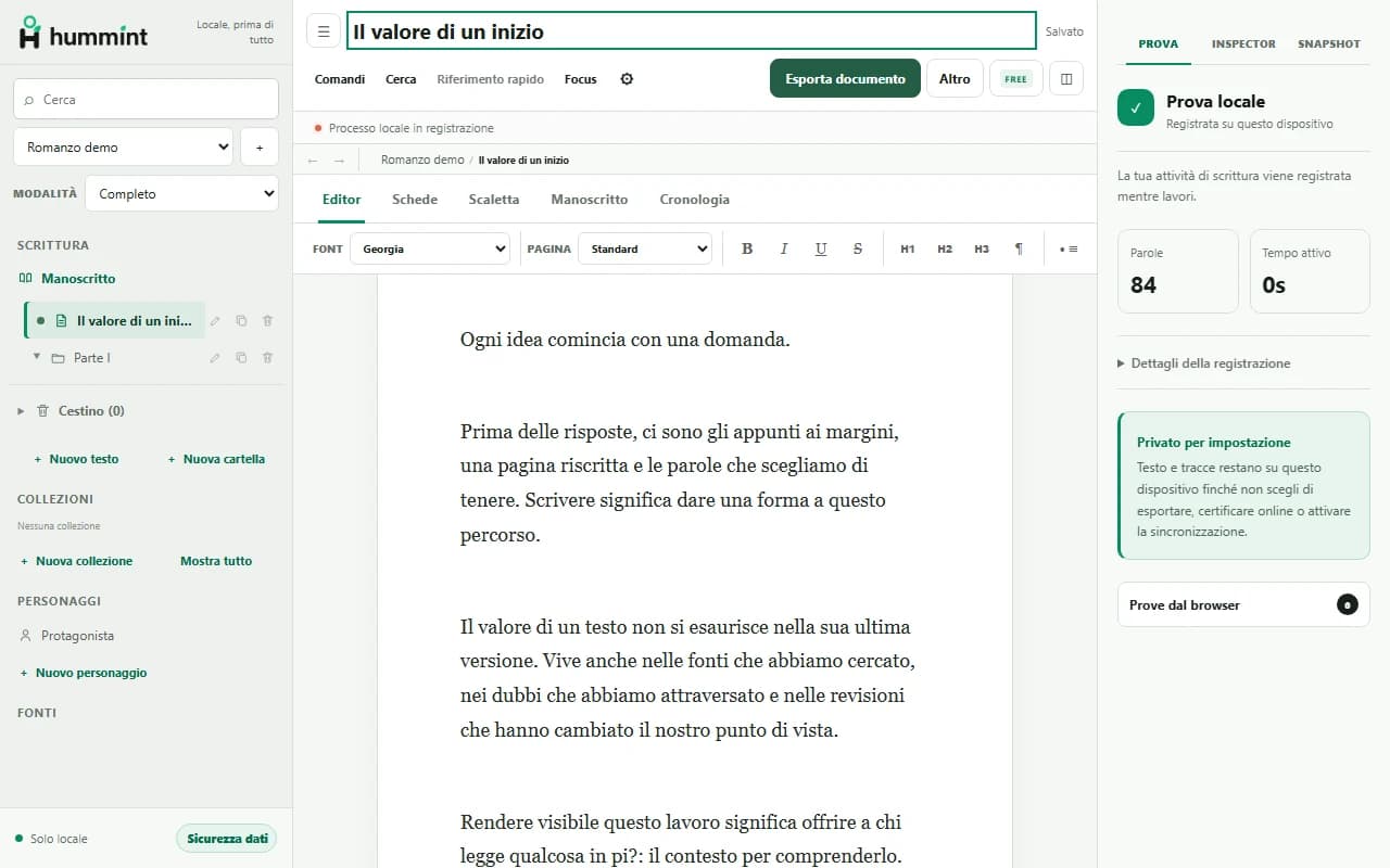 Hummint Desktop con un documento dimostrativo