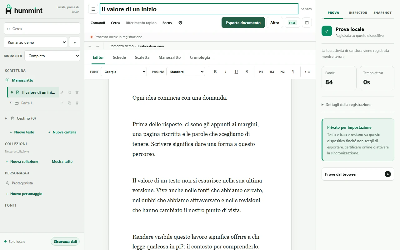 Hummint Desktop: documento, progetto e registrazione locale affiancati